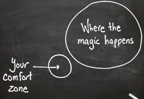 A small circle drawn on a chalkboard labeled as "your comfort zone" and a large circle next to it labeled as "where the magic happens"