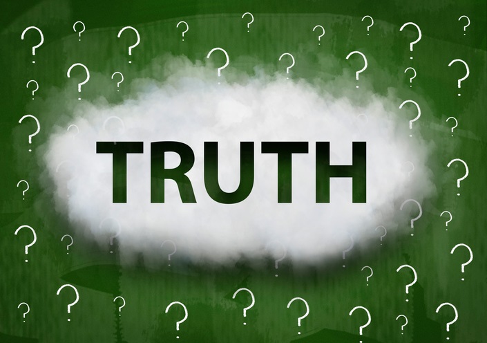 A green background with lots of small white question marks. In the middle is a white cloud with the worth "truth" written inside it