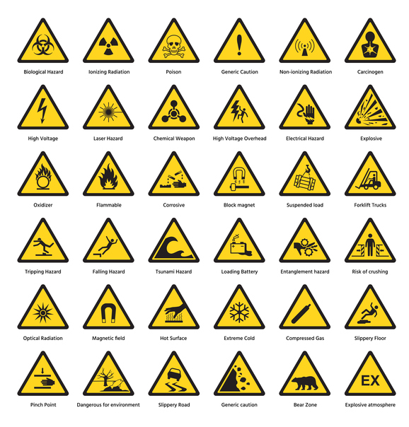 Set of triangle yellow warning sign hazard dander attention symbols chemical flammable security radiation caution icon vector illustration