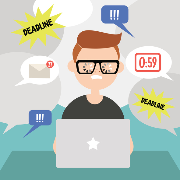 Working process conceptual illustration. Young exhausted male character surrounded by different tasks