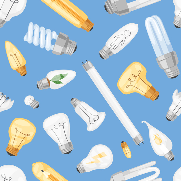 Light bulb vector lightbulb idea solution icon and electric lighting lamp cfl or led electricity and fluorescent light illustration set seamless pattern background