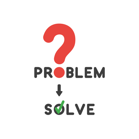 Vector icon concept of problem word with question mark and solve word with check mark