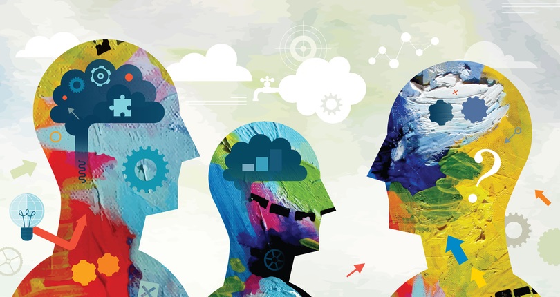 Illustration of 3 human head silhouettes, each with different colors and drawings within