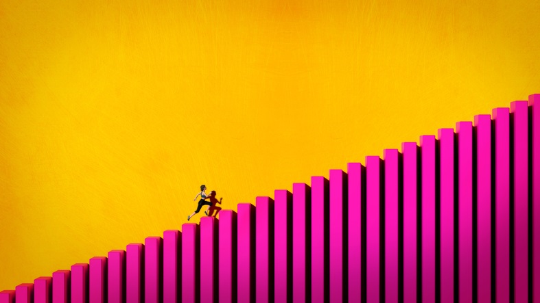 A yellow background with bright pink ascending stairs in the foreground. A person is running up the steep stairs