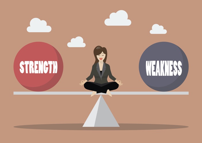 Business woman balancing between strength and weakness. Vector illustration