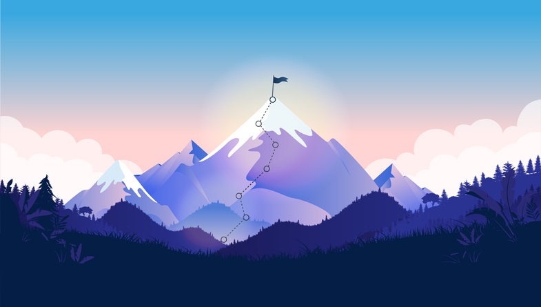 A mountain with a flag at the top and a jagged line going up the side of the mountain showing a path