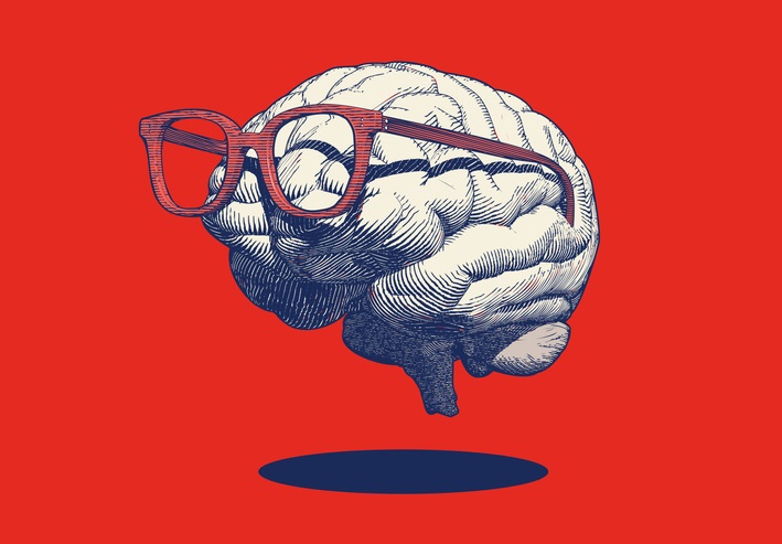 A red background with the drawing of a brain wearing glasses