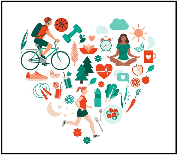 ChatGPT said: This image is a stylized illustration arranged in the shape of a heart, symbolizing a healthy lifestyle and well-being. It includes various elements that represent fitness, nutrition, mindfulness, and nature.