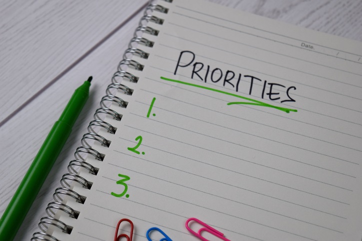 A notebook with the word "priorities" written and underlined with numbers 1, 2, and 3 written underneath