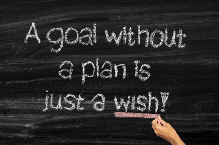 Writing on a chalkboard that says "A goal without a plan is just a wish!"