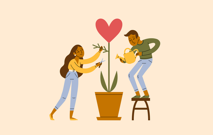 Illustration of a man and woman tending to a plant growing out of a pot. The plant has a large red heart at the top instead of a flower.