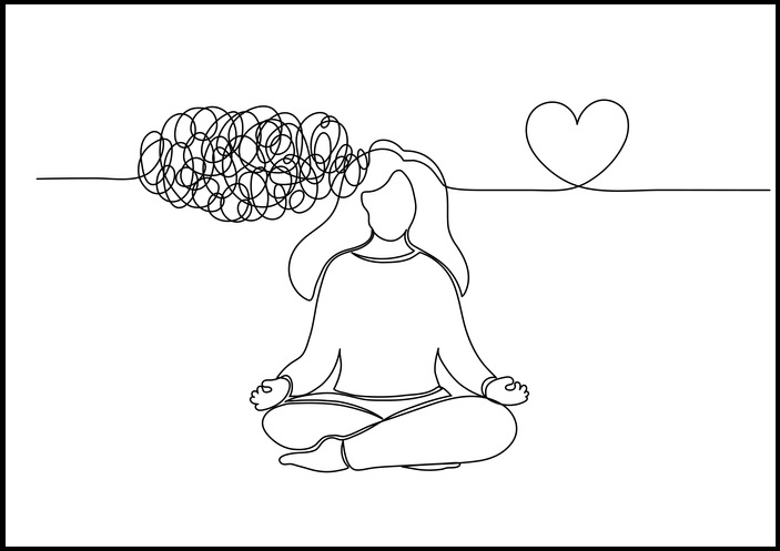 Drawing of a women sitting cross-legged in a yoga pose. A messy squiggly line enters her head on the left side and a straight line with a heard comes out on the right side
