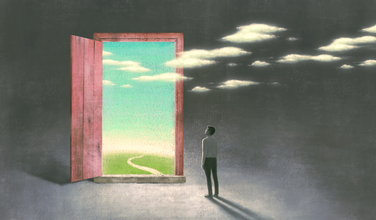 Drawing of a man standing in a gray space looking at an open door with a sunny sky and bright colors outside